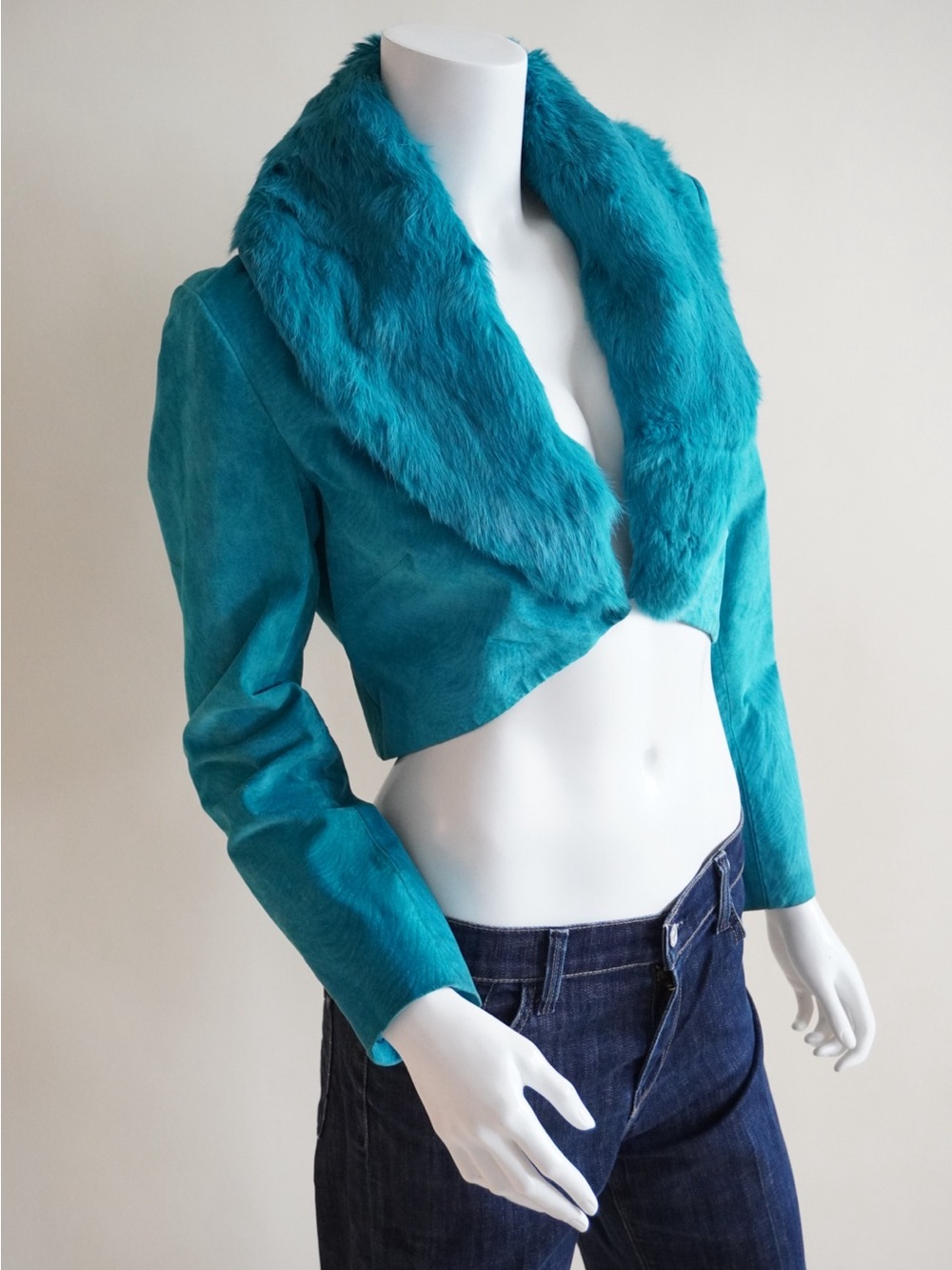 Luciano Dante Y2K Turquoise Vintage Leather Fur Collar Bolero Jacket - M
